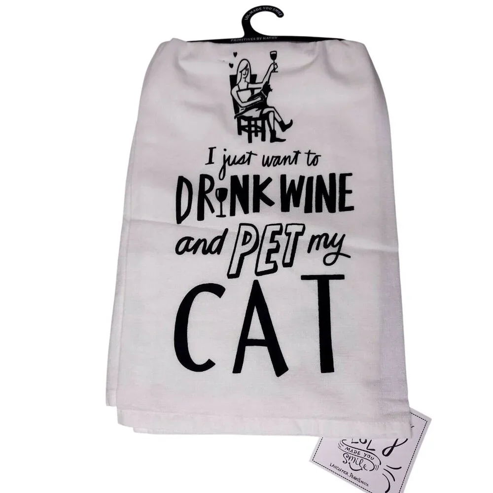 Set Of 2 Cat Themed Dish Towels 100% Cotton & Cotton/Linen Blend Gift